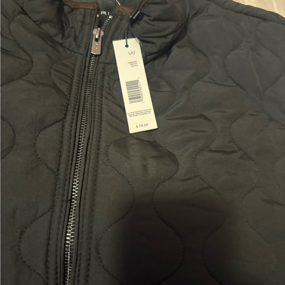 NWT Tahari Quilted Lined Full Zip Collared Vest Black Mid-Length Size LG Women